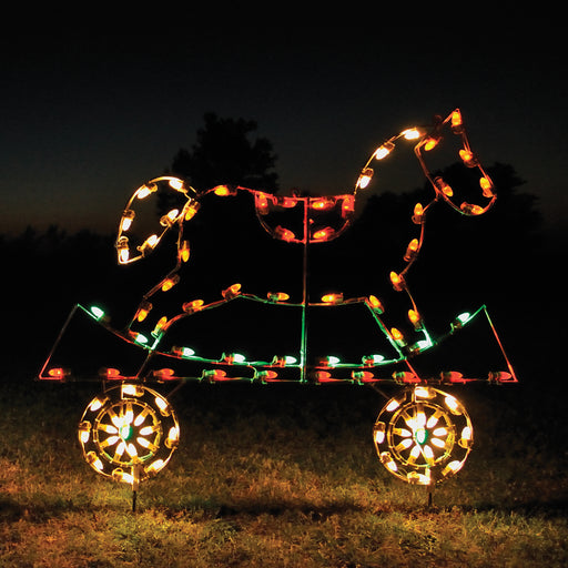 Christmas rocking horse flat car, train set, outdoor holiday decoration, animated, C7 LED Bulbs, aluminum frame, motif, holidaylights.com 2021