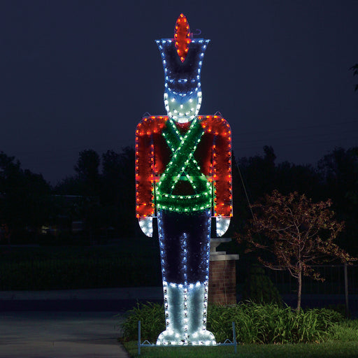 Toy soldier, nutcracker, giant, life-size, commercial-grade, soldier, outdoor, Christmas, holiday, LED, bulb, lights, aluminum frame, quality, durable, motif, display, 2021