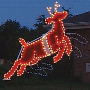 Life sized, Christmas holiday outdoor motif, commercial grade, lead reindeer, Rudolph, C7 LED bulbs, aluminum frame, Santa&