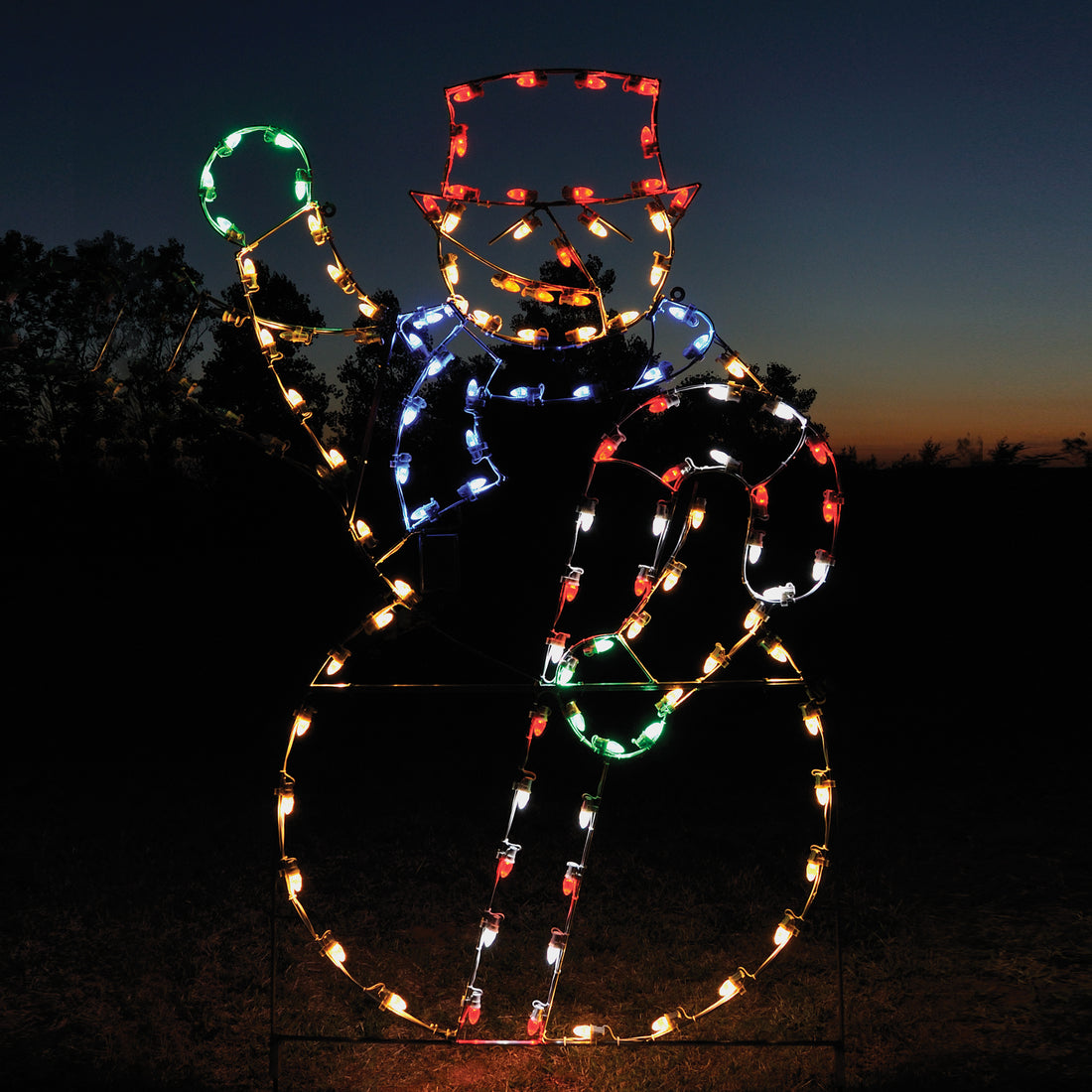 giant, life-size, commercial-grade, outdoor, Christmas, holiday, LED, bulb, lights, aluminum frame, quality, durable, motif, display, 2021, animated, waving snowman, top hat, candy cane, snow, man, orange, red, white, blue, green